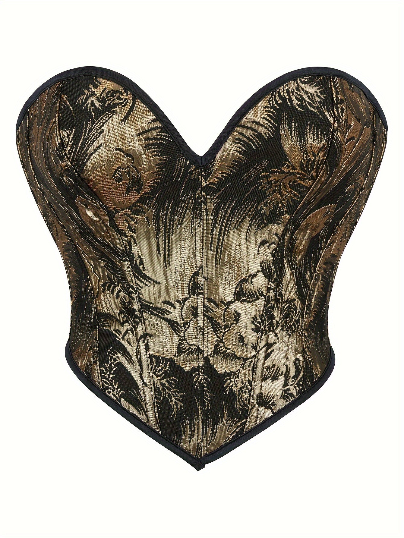 PRETASIE Golden Metallic Corset Top for Women, High Support Lace-Up Back Strapless Bustier with Floral Jacquard Design, Non-See-Through Polyester Body Shaper Semiformal Wear