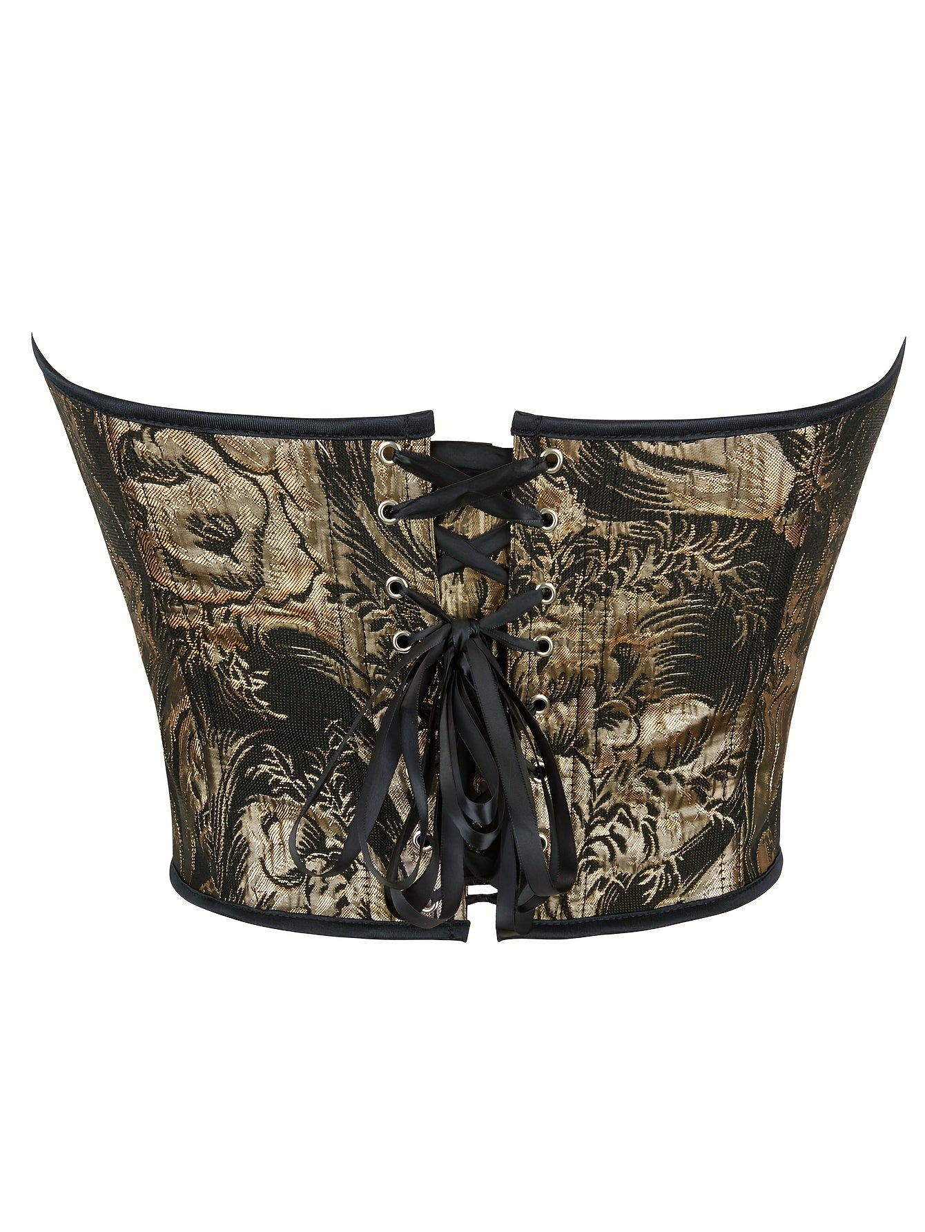 PRETASIE Golden Metallic Corset Top for Women, High Support Lace-Up Back Strapless Bustier with Floral Jacquard Design, Non-See-Through Polyester Body Shaper Semiformal Wear
