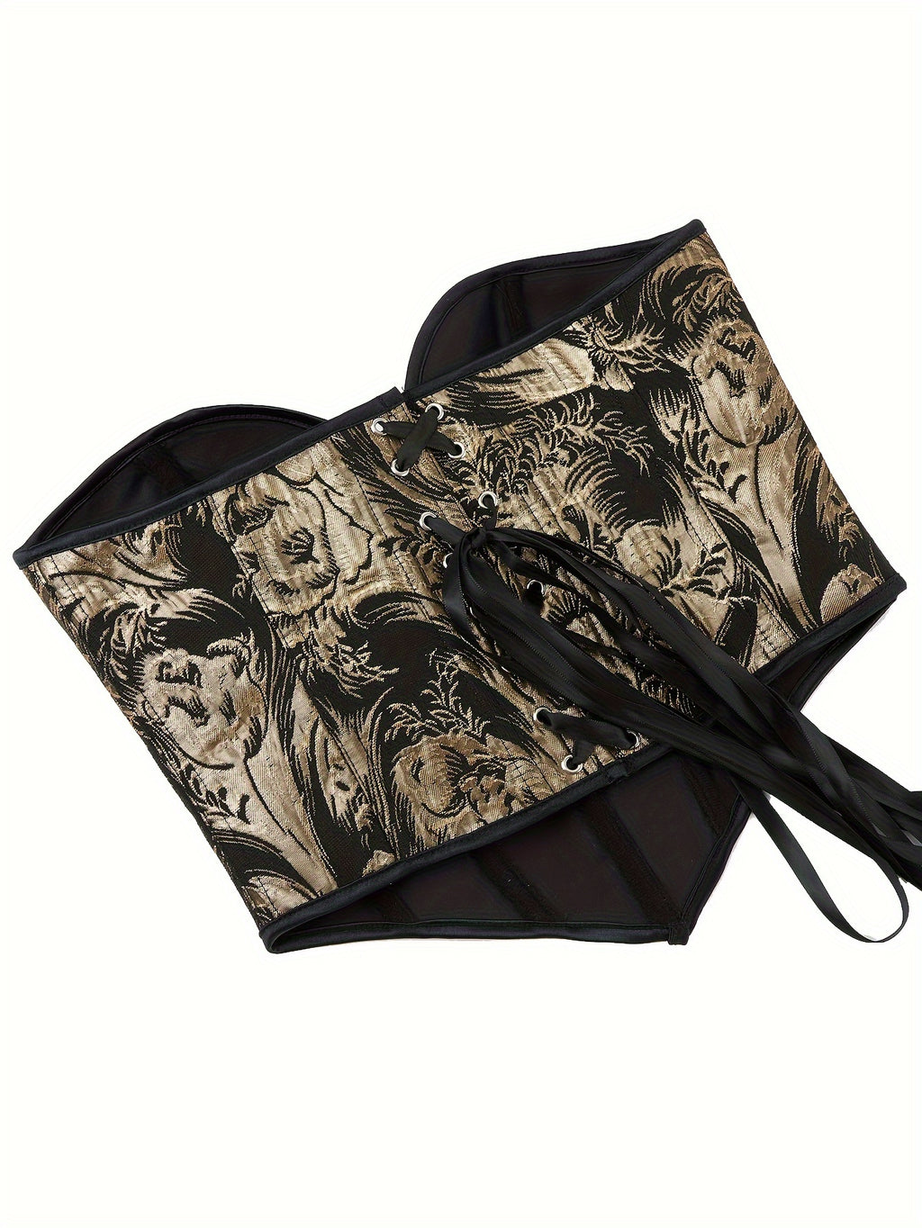 Golden Metallic Corset Top for Women, High Support Lace-Up Back Strapless Bustier with Floral Jacquard Design, Non-See-Through Polyester Body Shaper Semiformal Wear
