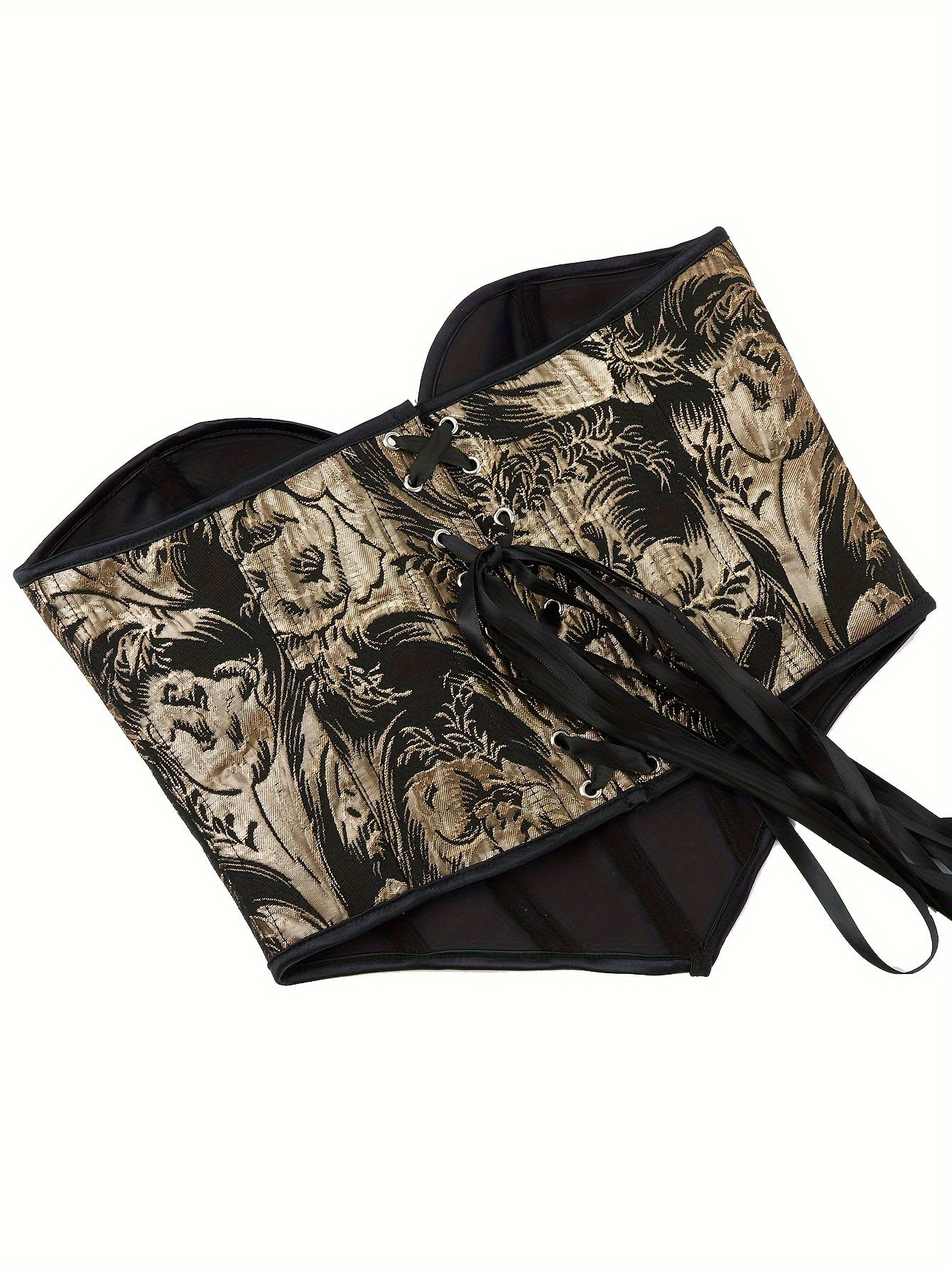 Golden Metallic Corset Top for Women, High Support Lace-Up Back Strapless Bustier with Floral Jacquard Design, Non-See-Through Polyester Body Shaper Semiformal Wear
