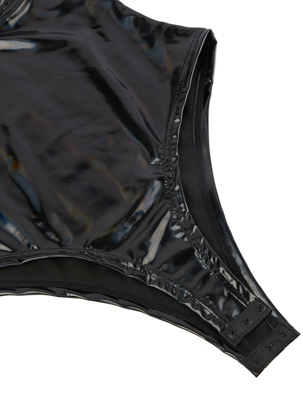 PRETASIE Black Shiny Bodysuit with Adjustable Thin Straps, Tummy Control & Underwire Support, Swimwear Modern Swimsuit Hookeye Closure