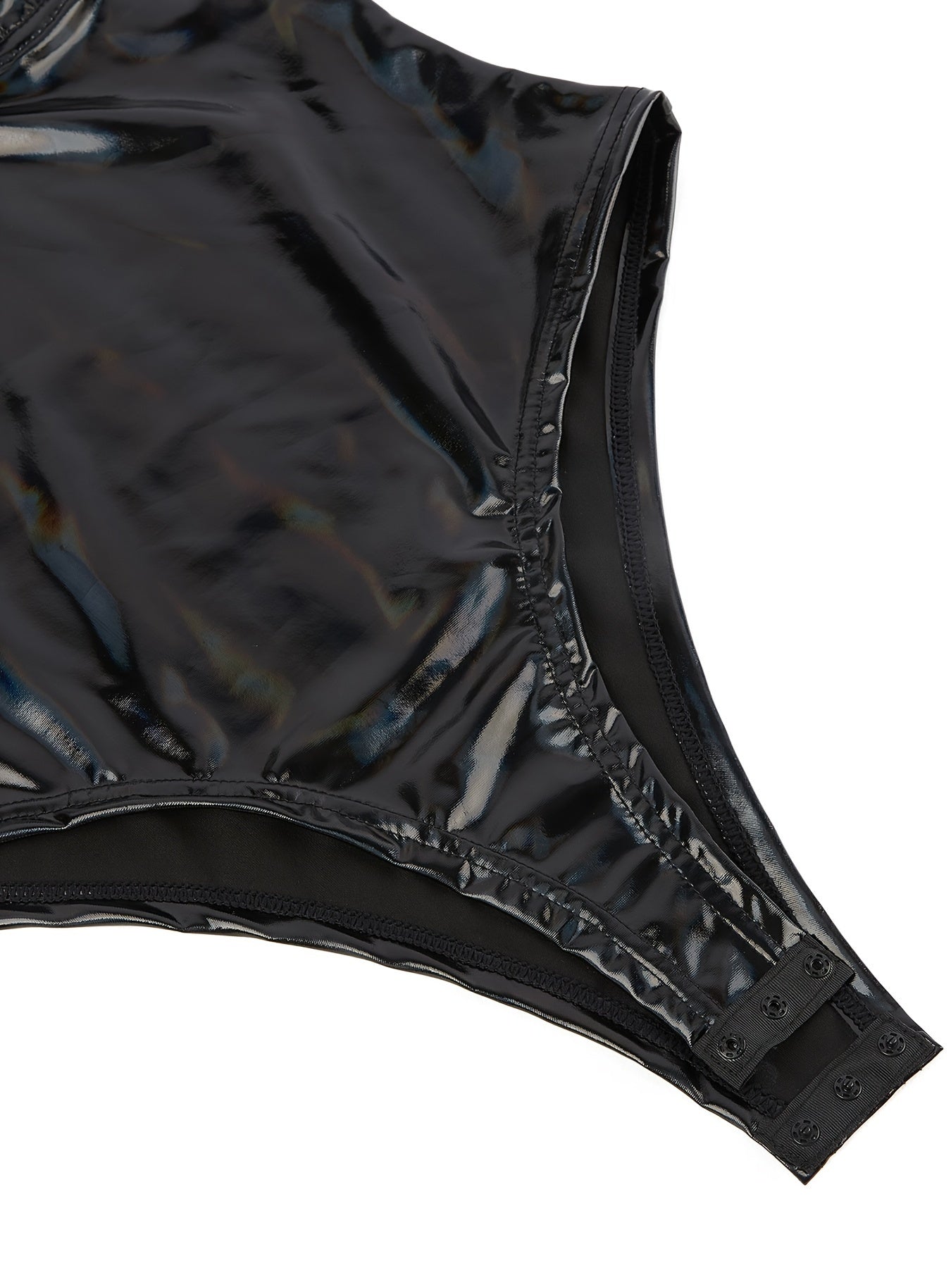 PRETASIE Black Shiny Bodysuit with Adjustable Thin Straps, Tummy Control & Underwire Support, Swimwear Modern Swimsuit Hookeye Closure