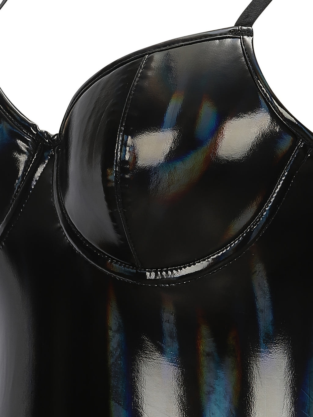 PRETASIE Black Shiny Bodysuit with Adjustable Thin Straps, Tummy Control & Underwire Support, Swimwear Modern Swimsuit Hookeye Closure